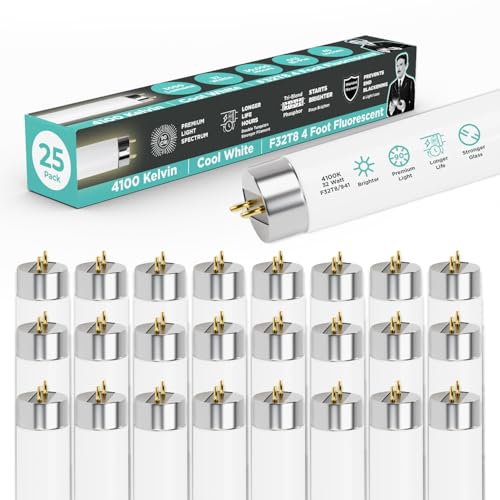 GoodBulb 25 Pack F32T8/841/ECO 32W 48 Inch T8 Fluorescent Light Bulb 4100K Cool White Light Color, Medium Bi-Pin Base 3050 Lumens 86 CRI 24000 Life Hours Instant/Programmed Start - color: 4100k