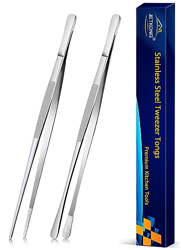 JETKONG 2 Pcs 10-Inch Cooking Tweezers Stainless Steel, Straight Food Tweezers, Professional Kitchen Forceps for Cooking Repairing and BBQ (Silver) - color: Silver, size: 10+10inch
