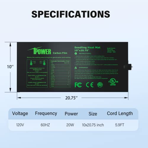 iPower 10" x 20.75" Seeding Heat Mat Upgraded Carbon Film Indoor Warm Hydroponic Plant Germination Starting Pad Durable Waterproof, Black - size: 10" x 20.75", style: 1 Pack
