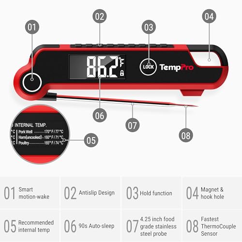 TempPro TP620 Instant Read Meat Thermometer Digital, Cooking Thermometer with Large Auto-Rotating LCD Display, Waterproof Food Thermometer Digital for Kitchen, BBQ, or Grill (Previously ThermoPro)