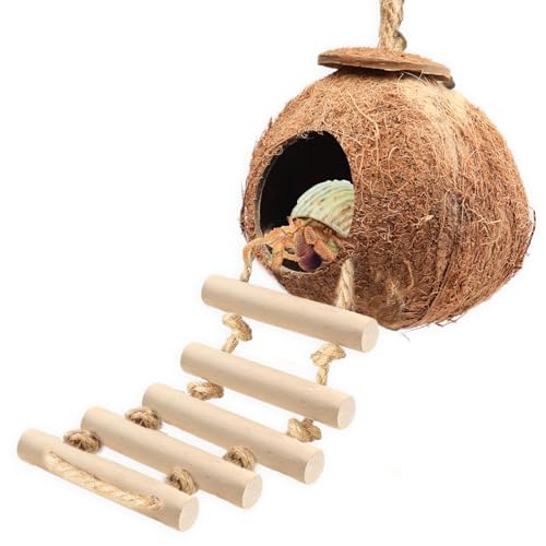Gecko Tank Accessories Natural Coconut Shell Hut with Climbing Ladder & Suction Cup Hermit Crab Toys Reptile Hideout for Leopard Gecko Snake Lizard and Small Pets Habitat Decor