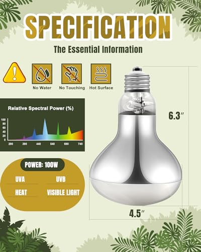 Heat Lamp Bulbs, 100 Watts UVA UVB Reptile Heat Bulb, 2 Pack | Full Spectrum, Basking Spot Light, Simulate Natural Sun Light, For Reptile and Amphibian, Silver