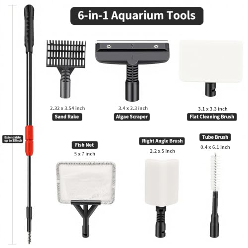 UPETTOOLS Aquarium Clean Tool 6 in 1 Fish Tank Cleaning Kit Algae Scraper Scrubber Pad Adjustable Long Handle Fish Tank Brush Cleaner Set
