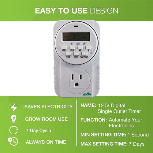 Grow1 Hydroponic 120V Single Outlet Digital Timers for Electrical Outlets, Compatible w/ 110V, 115V & 120V Outlets | Heavy Duty | Perfect for Aquarium Light Timer, Grow Lights