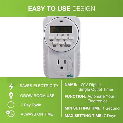 Grow1 Hydroponic 120V Single Outlet Digital Timers for Electrical Outlets, Compatible w/ 110V, 115V & 120V Outlets | Heavy Duty | Perfect for Aquarium Light Timer, Grow Lights