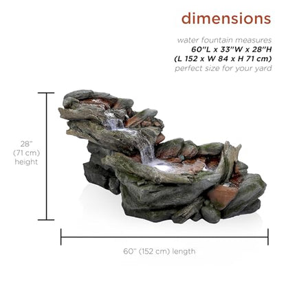 Alpine Corporation | 60"L Outdoor 3-Tier Rainforest Rock River Hand-Painted Water Fountain with LED Lights — Garden, Patio & Yard Décor - style: 60" L - 3-Tier w/ LED's