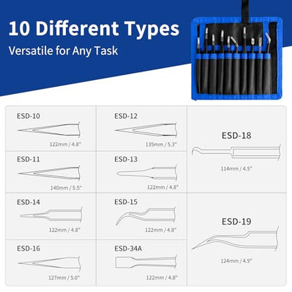 XOOL 10 PCS ESD Precision Tweezers Set, Anti-Static Stainless Steel Tweezers Kit for Electronics, Soldering, Craft, Jewelry, Model Building, Beauty - size: ESD Tweezers 10 PCS