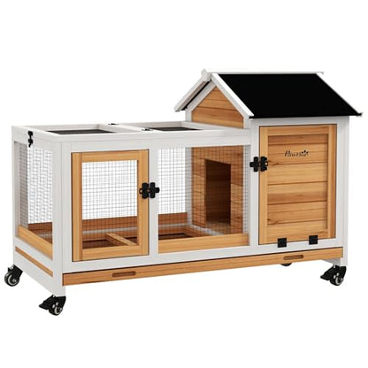 PawHut Wooden Rabbit Hutch with Wheels, Indoor Outdoor Large Bunny Hutch with Run & Slide-Out Tray for Small Animals, Rabbits, Chickens, Ducks, Guinea Pig, Yellow - color: Yellow