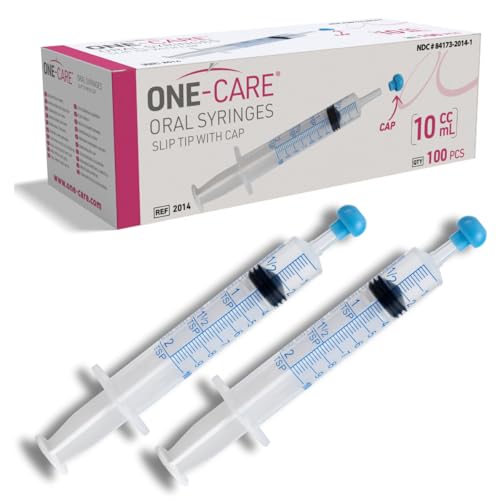 100 Pack, ONE-CARE 10ml Oral Syringe with Cap - Sterile, Individually Wrapped - (100 Syringes 10ml), Slip Tip, Uses include oral administration of medicine for infants, adults and animals - size: 10 ml Blue Scale