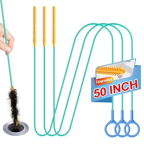 Sink Snake Drain Hair Removal Tool, Reusable 50 Inch Extended Drain Snake Tool Clog Remover, Anti-break Metal Shower Plumbing Snake Drain Cleaner for Bathtub, Bathroom Sink Pipe Cleaning (3 Pack)