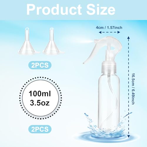 KALIONE 2 Pcs Small Spray Bottles 3.5oz/100ml Mist Continuous Spray Bottle for Essential Oils Water Squirt Reusable Liquid Container Mini Mister Spray Bottles with 2 Pcs Funnels and 16 Pcs Labels