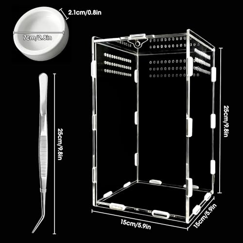 Jumping Spider Enclosure, Acrylic Terrarium(Tweezer and Bowl Included) | Easy-Clean Habitat with Magnetic Door for Spider, Tarantula, Mantis, Snail-5.9" x 5.9" x 9.8" - size: Basic Vertical-Kit