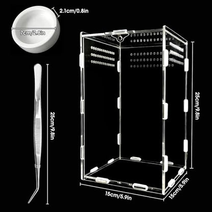 Jumping Spider Enclosure, Acrylic Terrarium(Tweezer and Bowl Included) | Easy-Clean Habitat with Magnetic Door for Spider, Tarantula, Mantis, Snail-5.9" x 5.9" x 9.8" - size: Basic Vertical-Kit