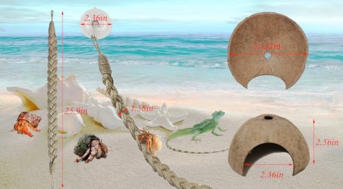 2PCS Hermit Crab Accessories，25.9inx1.58in Reptile Climbing Rope，Natural Coconut Reptile Hideouts，Ermit Crab, Hamster, Chameleon, Tree Frog, Lizard, Gecko Habitat Aquarium Decoration