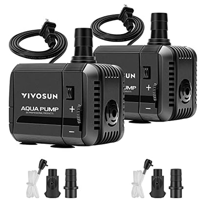 VIVOSUN 2-pack 210GPH Submersible Pump(800L/H, 8W), Ultra Quiet Water Pump with 3.3ft High Lift, Fountain Pump with 5ft Power Cord, 2 Nozzles for Fish Tank, Pond, Aquarium, Statuary, Hydroponics - size: 6"×5"-210-2-pack