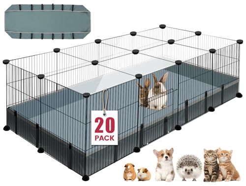 20 Panels Small Animal Playpen, 48" x 24" x 16" Pet Playpen with Waterproof Mat, C&C Cage for Guinea Pigs, Rabbit/Bunny/Baby Chicken Cage,Bunny/Puppy/Chicken Pen Indoor Outdoor Portable Metal Fence - color: Black, style: 20 Panels - 48"L x 24"W x 16"H