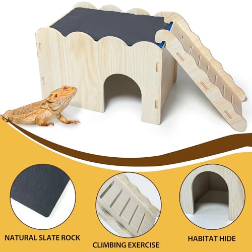 Bearded Dragon Hide Reptile Basking Platform Leopard Gecko Hideout Bearded Dragon Tank Accessories with Reptile Slate Rock for Crested Gecko Chameleon Corn Snake
