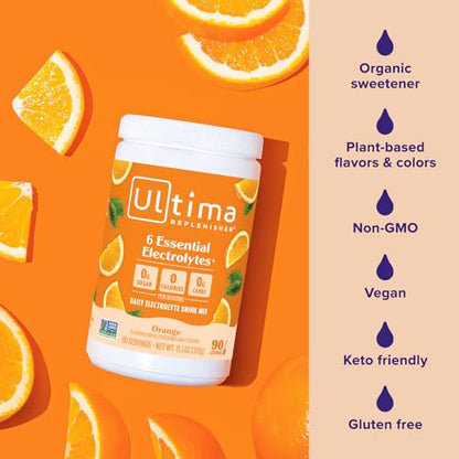 Ultima Replenisher Daily Electrolyte Powder Drink Mix, 90-Serving Canister | Zero Sugar Orange Hydration Powder with 6 Electrolytes & Minerals - Sugar Free, Plant-Based & Keto Friendly