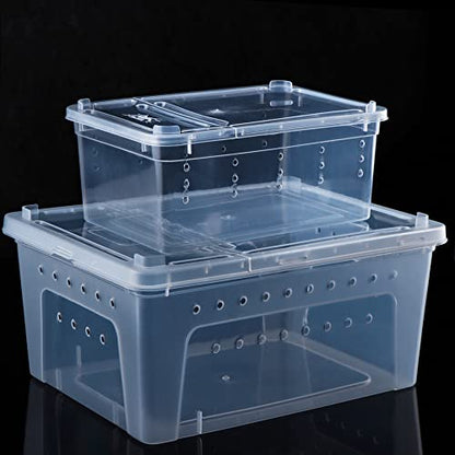 2 Pack Reptile Box Escape-Proof Breeding House Portable Reptile Terrarium Habitat for Reptile Crickets Snails Hermit Crabs Baby Tortoise Snakes Tarantulas Geckos Frogs Lizards (S and L)
