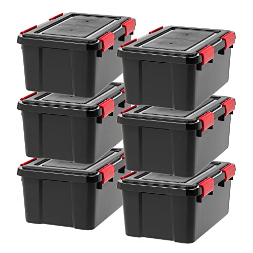 IRIS USA WeatherPro 19 Qt Storage Bins with Lids, 6 Pack, BPA-Free Plastic Gasket Box with Tight Latch and Seal, Stackable Nestable Tote Tub - Black/Red - size: 19 Qt. - 6 Pack