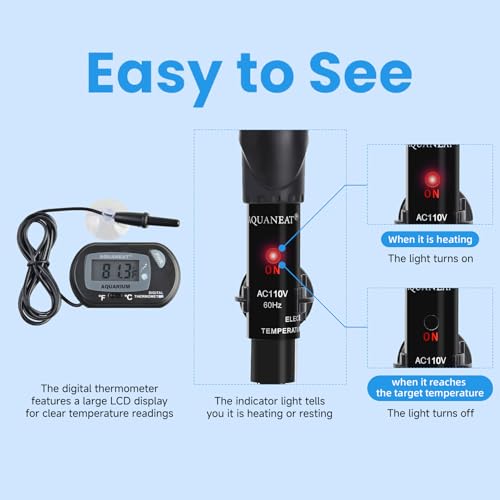 AQUANEAT Aquarium Heater, 200W Fish Tank Heater, Adjustable Submersible Water Thermostat with Digital Thermometer - size: 200W
