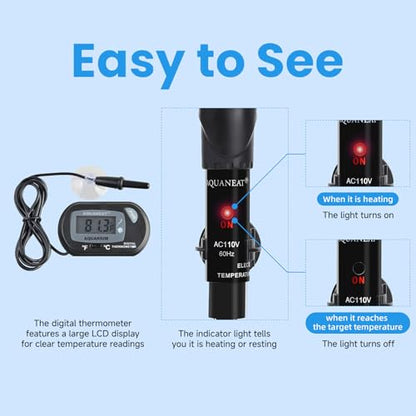 AQUANEAT Aquarium Heater, 200W Fish Tank Heater, Adjustable Submersible Water Thermostat with Digital Thermometer - size: 200W