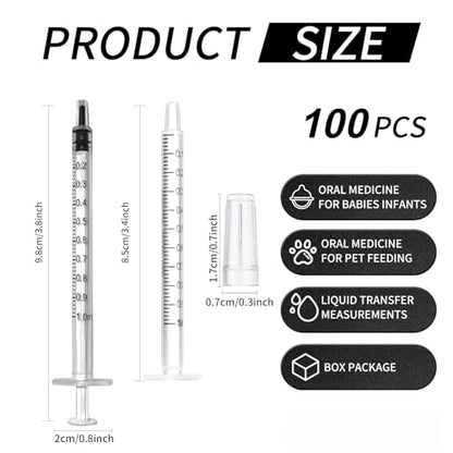 100 Pack 1ml Syringe for Liquid, 1cc Plastic Small Syringes for Scientific Labs, Measuring Liquids, Feeding Pets, Medical Student, Oil or Glue Applicator, Non-Sterile, No Needle - size: 1ml Syringes-100pcs