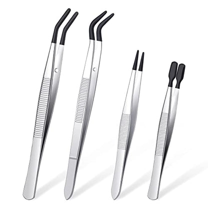 DragonflyDreams 4 Pieces Tweezers with Rubber PVC Coated Set, Straight Tip Tweezers Rubber Flat Tip Long Bent Tweezer for Crafts Stamps Beads Jewelry Tools (Rubber Tweezer)