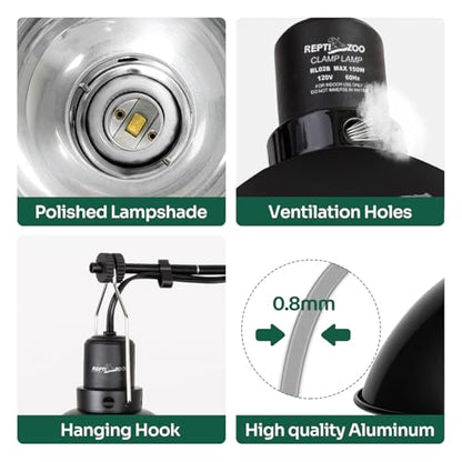 REPTI ZOO Reptile Light Fixture Dimming Thermostat Combo Pack, 8.5 Inch Deep Dome Lamp Fixture Max 150W, PID Reptile Thermostat Temperature Controller for Reptile Heat Lamp Bulb - size: 8.5 Inch