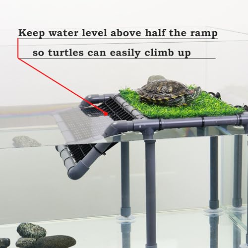 Extra Large Turtle Basking Platform, Sturdy Standing Dock with Non-Slip Ramp & Artificial Grass, Turtle Tank Accessories, Fits 50/65/75/90/125 Gal Tanks, Gray/Black - size: Basking Platform 13.4" W × 10" D