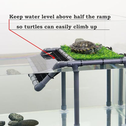 Extra Large Turtle Basking Platform, Sturdy Standing Dock with Non-Slip Ramp & Artificial Grass, Turtle Tank Accessories, Fits 50/65/75/90/125 Gal Tanks, Gray/Black - size: Basking Platform 13.4" W × 10" D