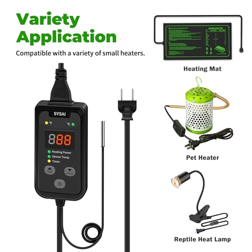 SYSAI Digital Thermostat Controller for Reptiles, Seed Germination, Breeding, Incubation and Small Greenhouse, 50-95°F, 1.5A 150W