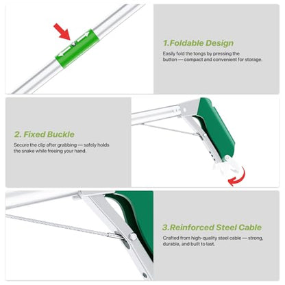 50" Folding Snake Grabber Tongs, Stainless Steel Snake Catcher Tool with Wide Jaws & Non-Slip Handle – Humane Reptile Handling Stick for Outdoor, Yard, Farm & Camping Use - color: Green