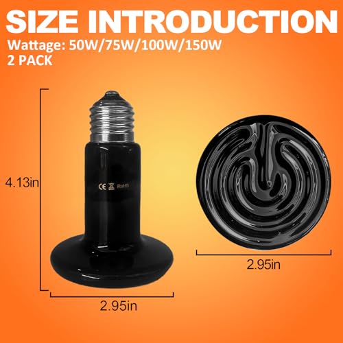 BNOSDM 2 Pack 75W Non-Light Emitting Ceramic Heat Emitter, Reptile Heat Lamp Bulbs, Brooder Coop Heater Lamp Bulb for Amphibian Reptiles Lizard Turtle Chicken - color: Pack of 2/Black, size: 75 Watts