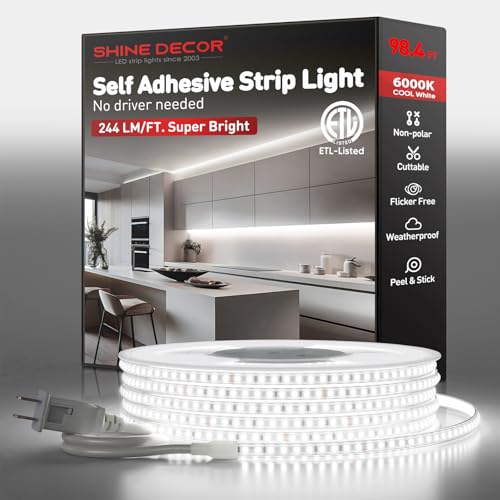 Shine Decor LED Strip Light Super Bright 24000LM, Plug&Play 120V Driverless Easy Wiring, Flicker Free Weatherproof for Outdoor Indoor, Min. 3.9” Cuttable Stickable, 6000K Cool White 98FT ETL Listed - color: Cold White, size: 98.4 Ft