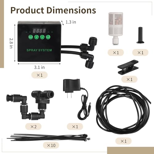 Reptile Humidifier Misting System with Timer, Smart Mist Sprayer, 2 Free Rotating Spray Nozzles, Atomizer for Snake and Lizard Habitat Tropical Plants, Long Pipe, Power Adapter Included