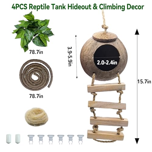Tfwadmx Crested Gecko Coconut Hide,Leopard Gecko Coco Hut Hideout Cave with Ladder,Reptile Hanging Coconut Hut & Climbing Vine,Ideal Habitat Accessory for Hermit Crab, Snake,Lizard