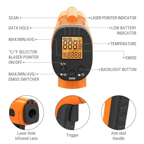 TempPro TP30 Infrared Thermometer Gun, Laser Thermometer for Cooking, Pizza Oven, Griddle, Engine, HVAC, Temperature Gun with Adjustable Emissivity & Max Measure -58°F ~1022°F, Gift for Dad Husband - style: 1 Laser & D:S 12:1