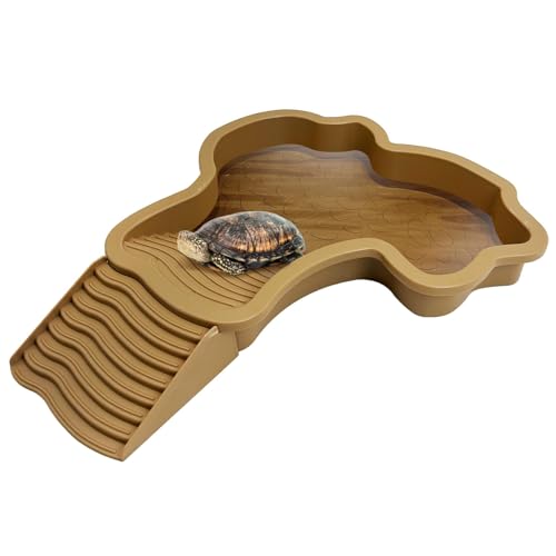 PINVNBY Large Reptile Bathing Pool Tortoise Water Dish with Removable Ramp and Leaf Reptile Food Dish & Water Bowl Tortoise Habitat Accessories for Turtle Lizard Gecko Snake (Yellow)