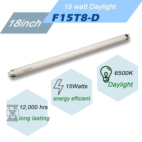 Flyercatch 18inch F15T8-D Daylight 15W Fluorescent Bulb,18'' F15T8/DL 6500K Bright White Lighting, T8 Linear Preheat Lamps, Full Spectrum for Aquarium Fish Tank, Plant Lighting