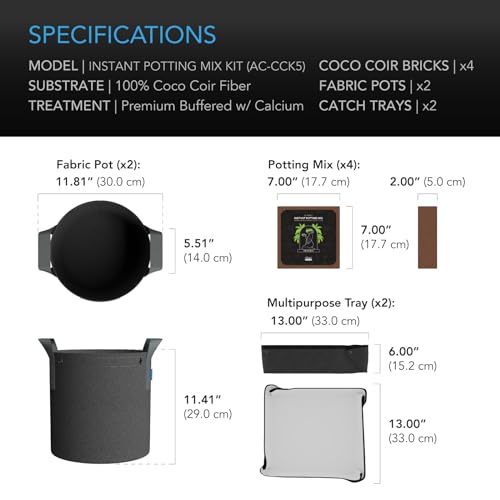 AC Infinity Instant Potting Mix Kit, 2-Plant Starter Set with Premium Buffered Coco Coir Bricks, 5-Gallon Fabric Pots, and Waterproof Multipurpose Trays, Grow Accessory Kit for Seed Germination - size: Kit