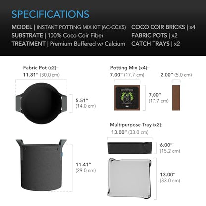 AC Infinity Instant Potting Mix Kit, 2-Plant Starter Set with Premium Buffered Coco Coir Bricks, 5-Gallon Fabric Pots, and Waterproof Multipurpose Trays, Grow Accessory Kit for Seed Germination - size: Kit