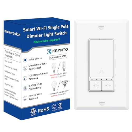 Smart WiFi Dimmer Switch for Alexa & Google Home, Tuya No Hub Single Pole, 1 Pack-2.4GHz Smart Light Switch with Neutral Wire Required, 150W LED/CFL 600W Incandescent Max, ETL/FCC Listed White - color: Single-Pole Smart Dimmer