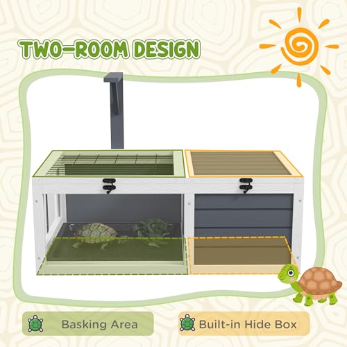 Tortoise Habitat, Wooden Tortoise House, Indoor Outdoor Tortoise Enclosure with Lamp Holder, Pull-out Waterproof Trays, Openable Lids, Gray