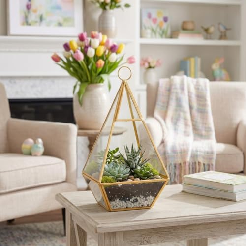 D'Eco Glass Gold Pyramid Centerpiece (5x5x10) - Hanging Planter Terrarium - Spring Home & Wedding Decor - Fill with Succulents, Cacti, Air Plants, Moss, Flowers for Plant Lovers