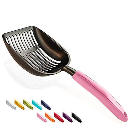 WePet Cat Litter Scoop, Non-Stick Plated Aluminum Alloy Sifter, Kitty Durable Metal Scooper, Deep Shovel, Long Handle, Kitten Pooper Lifter, Size Large, Coated Black Body with Pink Handle - color: #10 Pink, size: Large