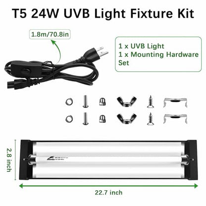 T5 10.0 UVB Reptile Light Fixture Combo Kit, 24W High Output UVA UVB Light with Upgraded Wider Alloy Reflector for Bearded Dragons Lizards Tortoises and Other Desert or Tropical Reptiles (22.7Inch) - size: 22.7Inch