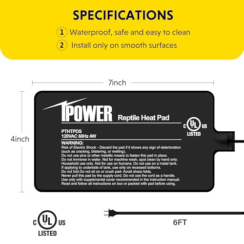 iPower 4x7 Inch Reptile Heating Pad, Under Tank Heater Terrarium Warmer Heat Mat for Turtles, Lizards, Frogs, Snakes, Safe & Energy-Efficient - color: Black/Heat Pad, size: 4" x 7"