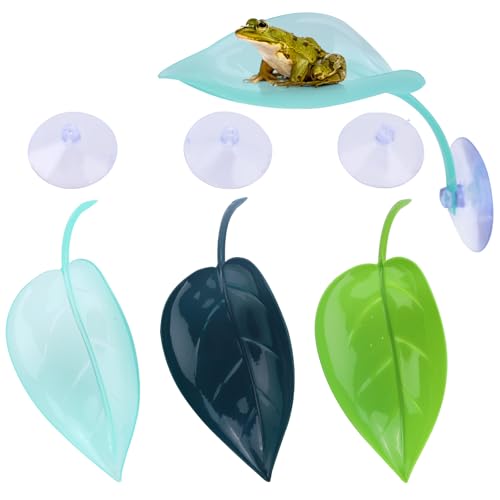 3 Pieces Turtle Basking Platform Leaf with Suction Cups, Plastic Leaf-Shaped Frog Habitat Platform Decorations, Terrarium Wall Climbing Gecko Toy for Reptile Tank Resting Accessories (3 Colors)