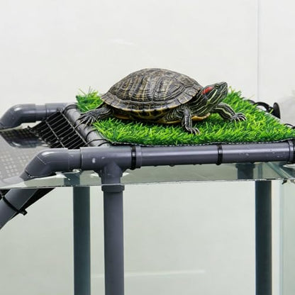 Extra Large Turtle Basking Platform, Sturdy Standing Dock with Non-Slip Ramp & Artificial Grass, Turtle Tank Accessories, Fits 50/65/75/90/125 Gal Tanks, Gray/Black - size: Basking Platform 13.4" W × 10" D